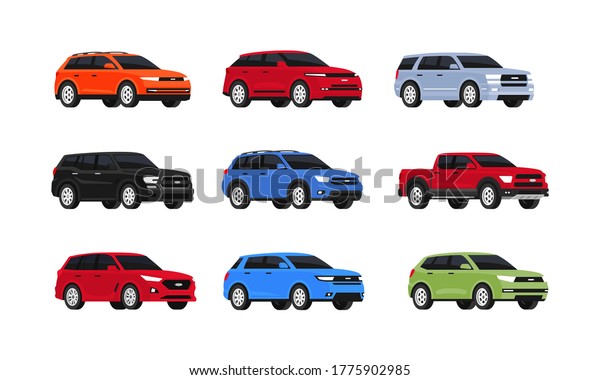 Car suv collection isolated on white\
background. Auto side view. Set of of different models of cars.\
City vehicles transport. Vector illustrayion in flat style. Red,\
blue, green and yellow\
automobile.