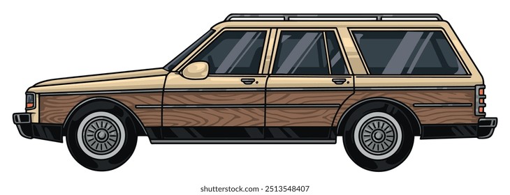 Car SUV colorful vintage label with sport utility vehicle with body painted in wood colors vector illustration
