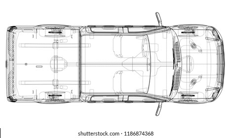 Car SUV drawing outline. Vector rendering. The layers of visible and invisible lines are separated
