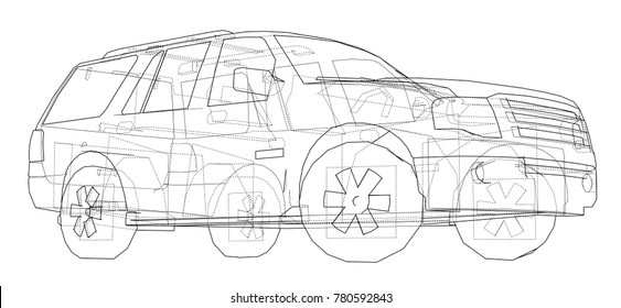 Car SUV drawing outline. Vector rendering of 3d. The layers of visible and invisible lines are separated