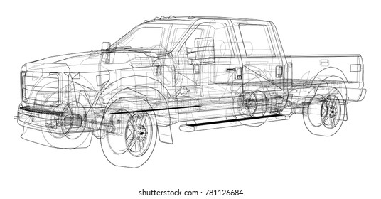 Car SUV drawing outline. Vector rendering of 3d. The layers of visible and invisible lines are separated