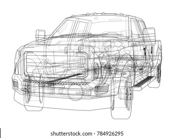 Car SUV drawing outline. Vector rendering. The layers of visible and invisible lines are separated