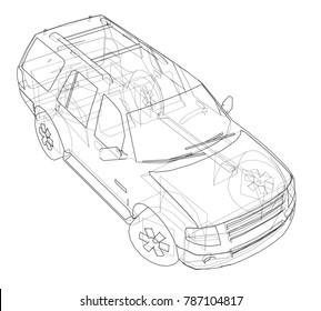 Car SUV drawing outline. Vector rendering of 3d. The layers of visible and invisible lines are separated