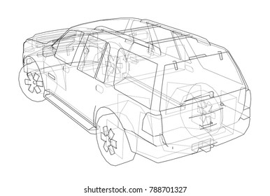 Car SUV drawing outline. Vector rendering of 3d. The layers of visible and invisible lines are separated