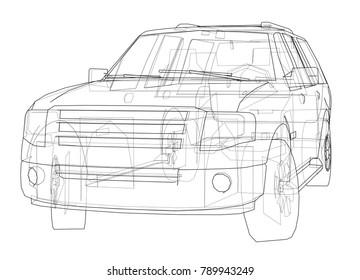 Car SUV drawing outline. Vector rendering of 3d. The layers of visible and invisible lines are separated