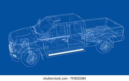 Car SUV drawing outline. Vector rendering of 3d. The layers of visible and invisible lines are separated