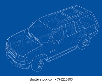 Car SUV drawing outline. Vector rendering of 3d. The layers of visible and invisible lines are separated