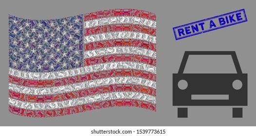 Car symbols are combined into USA flag mosaic with blue rectangle distressed stamp watermark of Rent a Bike phrase. Vector collage of America waving official flag is designed with car elements.