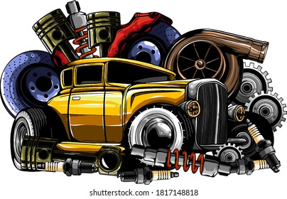 Car system. spare parts. realistic car. vector illustration