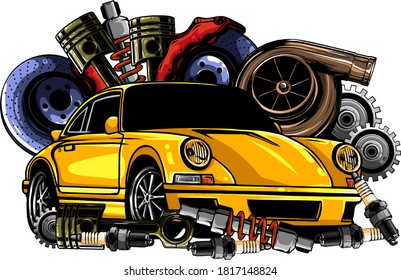 Car system. spare parts. realistic car. vector illustration