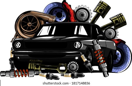 Car system. spare parts. realistic car. vector illustration