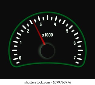 Car tachometer. Glows green. Dashboard Vector illustration