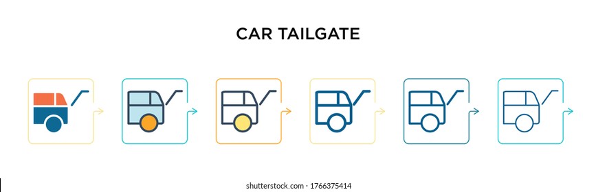 Car tailgate vector icon in 6 different modern styles. Black, two colored car tailgate icons designed in filled, outline, line and stroke style. Vector illustration can be used for web, mobile, ui
