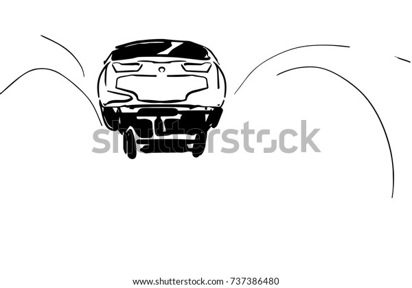 The\
car takes off, bottom view. Extreme stunt trick. Black and white\
vector sketch. Simple drawing at white\
background.