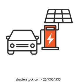 Car Taking Charge From Solar Charging Station, Front View, Line Icon Illustration Vector Symbol