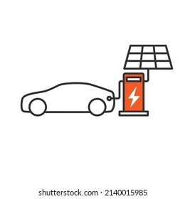 Car Taking Charge From Solar Charging Station, Side View, Line Icon Illustration Vector Symbol