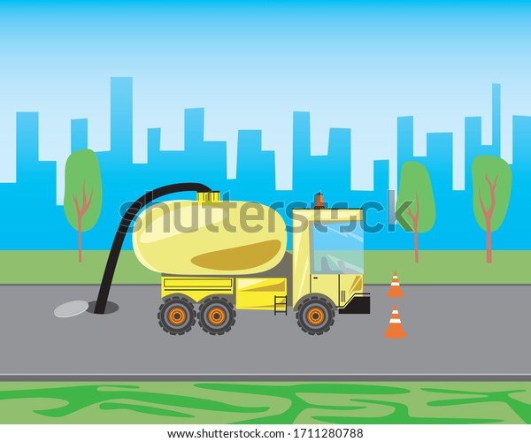 A\
car with a tank is cleaning the sewer manhole in the city or on the\
road. Stock vector flat illustration of a yellow truck with a sewer\
tanker as a city service concept. Diesel heavy\
machine