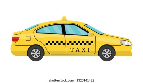 Car Taxi in Cartoon Style. View from Side. Taxi Yellow Car Cab isolated on white background. For Taxi Service App, Transport Company Ad, Infographics. Vector illustration for Your Design. 