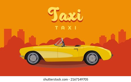 Car Taxi Illustration In Flat Style. Yellow Cab Side View. Pictogram Isolated On White Background.