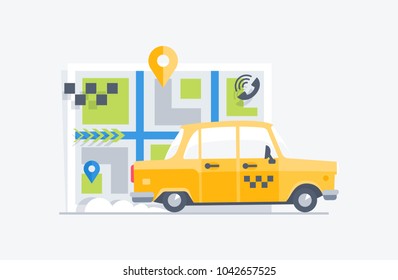 Car taxi on the map background. Flat modern vector illustration.