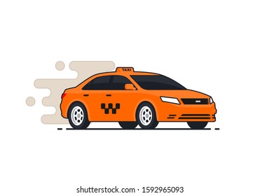 Car taxi rides around city. Yellow cab side view. Pictogram isolated on white background. Vector illustration in flat style.