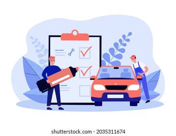 Car technical inspection flat vector illustration. Cartoon employee repairing or inspecting car while owner marking items on giant list. Diagnostic, repair, maintenance concept for banner design