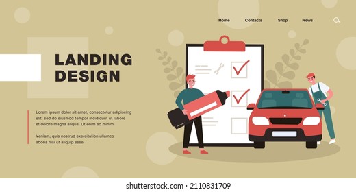 Technische Fahrzeugprüfung, flache Vektorgrafik. Cartoon Mitarbeiter reparieren oder inspizieren Auto, während der Eigentümer markieren Artikel auf der Riesenliste. Diagnostik, Reparatur, Instandhaltungskonzept für Bannerdesign