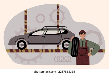 Car technical inspection flat vector illustration. Cartoon employee repairing or inspecting car. Diagnostic, repair, maintenance concept for banner design. Car service worker change automobile wheels 