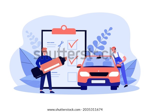 Car technical inspection flat vector illustration.\
Cartoon employee repairing or inspecting car while owner marking\
items on giant list. Diagnostic, repair, maintenance concept for\
banner design