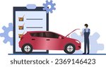 car technical inspection vector illustration, car mechanic repair, diagnostic and analysis car faults in checklist paper, industry and technology concept