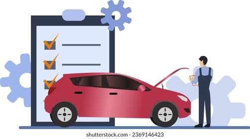 car technical inspection vector illustration, car mechanic repair, diagnostic and analysis car faults in checklist paper, industry and technology concept