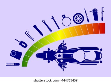 Car technical service tools with motorcycle and electronic tachometer gauge as symbol of  motor vehicle service