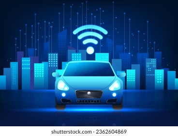 Car technology connected to the internet network that can be used to tell you the location of your destination, car location, and entertainment. The car in the back is a smart city.