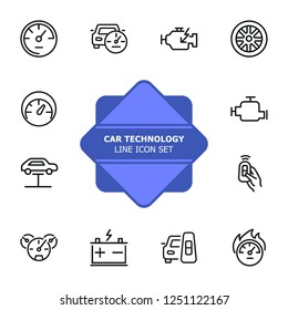 Car technology line icon set. Wheel, remote key, electric engine. Technology concept. Can be used for topics like electric car, service, car industry