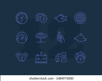 Car technology line icon set. Wheel, remote key, electric engine. Technology concept. Can be used for topics like electric car, service, car industry