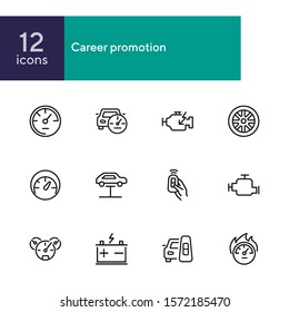 Car technology line icon set. Wheel, remote key, electric engine. Technology concept. Can be used for topics like electric car, service, car industry