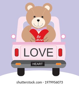 Car and teddy bear illustration for valentine or wedding card