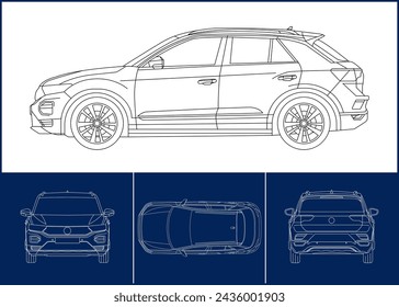 Car template. Transportation outline stroke template. Blueprint layout. Wrap sticker, air brush, vynils, recolor project. Vector eps 10