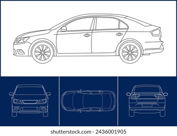 Car template. Transportation outline stroke template. Blueprint layout. Wrap sticker, air brush, vynils, recolor project. Vector eps 10