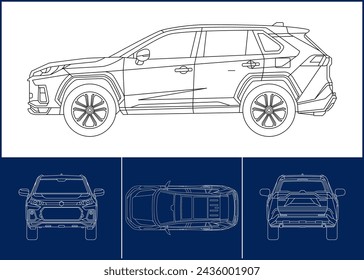 Car template. Transportation outline stroke template. Blueprint layout. Wrap sticker, air brush, vynils, recolor project. Vector eps 10