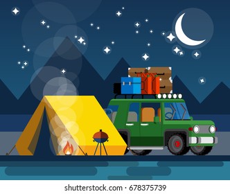 Car with a tent and bonfire in the evening in a flat style. The concept of camping and outdoor recreation. Vector illustration Eps10 file