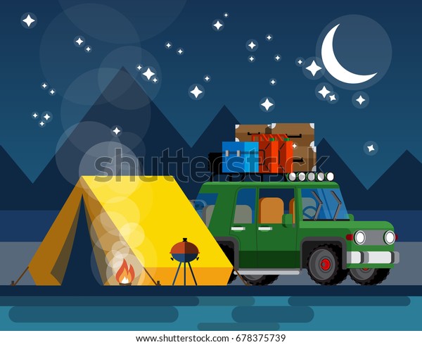 テントと焚き火を持つ平たいスタイルの車 キャンプと野外の娯楽のコンセプト ベクターイラストeps10ファイル のベクター画像素材 ロイヤリティフリー