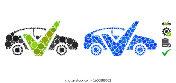 Car test composition of small circles in various sizes and color tinges, based on car test icon. Vector small circles are united into blue illustration.