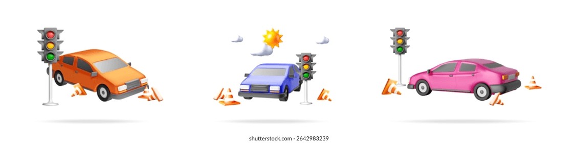 Car testing driving school. Auto test drive simulation with traffic light. Safety road rules education for beginner driver.