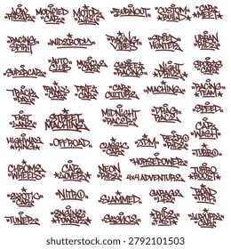 Car text graffiti tag bundle displaying multiple street art spray paint hand style elements collection for car modification culture apparel streetwear print poster isolated clip art.