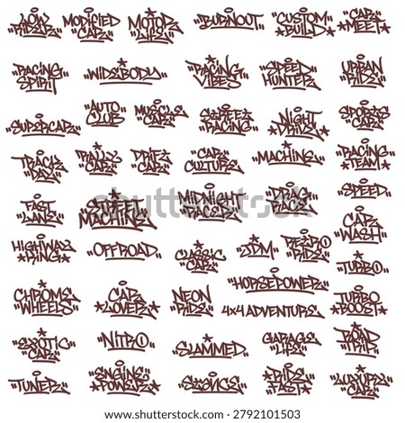 Car text graffiti tag bundle displaying multiple street art spray paint hand style elements collection for car modification culture apparel streetwear print poster isolated clip art.