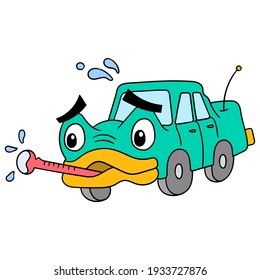 Un auto que está dañado por un calor excesivo necesita ser llevado a un taller de reparación, ilustración vectorial art. imagen del ícono del doodle kawaii.