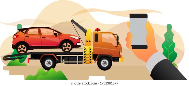 A car that has an accident that is transported by a tow truck to make a claim against car insurance
