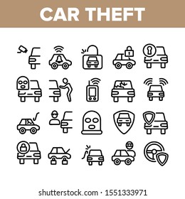 Car Theft Collection Elements Icons Set Vector Thin Line. Man Silhouette In Mask, Car With Broken Glass And Without Wheels, Alarm And Camera Concept Linear Pictograms. Monochrome Contour Illustrations