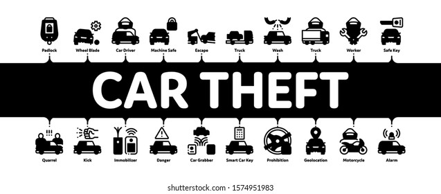 Car Theft Minimal Infographic Web Banner Vector. Car Theft On Truck, Thief Silhouette Near Motorcycle And Van, Signaling And Electronic Key Illustrations